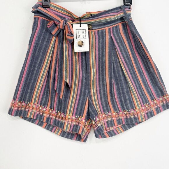 THML Blue Pink Orange Stripe Embroidered
Hem Tie Waist Cotton Blend Shorts NEW - Picture 1 of 16